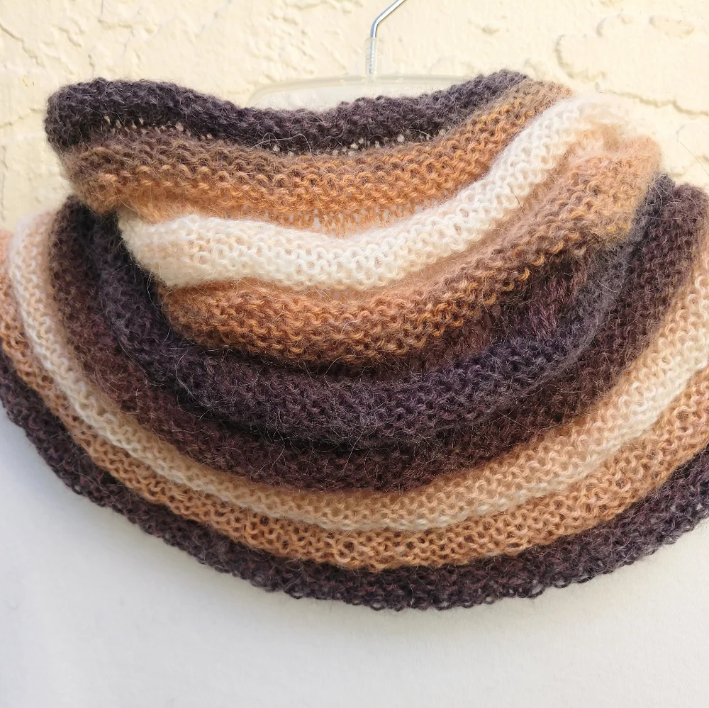 Cowl Scarf Hand Crafted Thin Knit Brown Tan Cream Stripes Hooded Winter Stripes